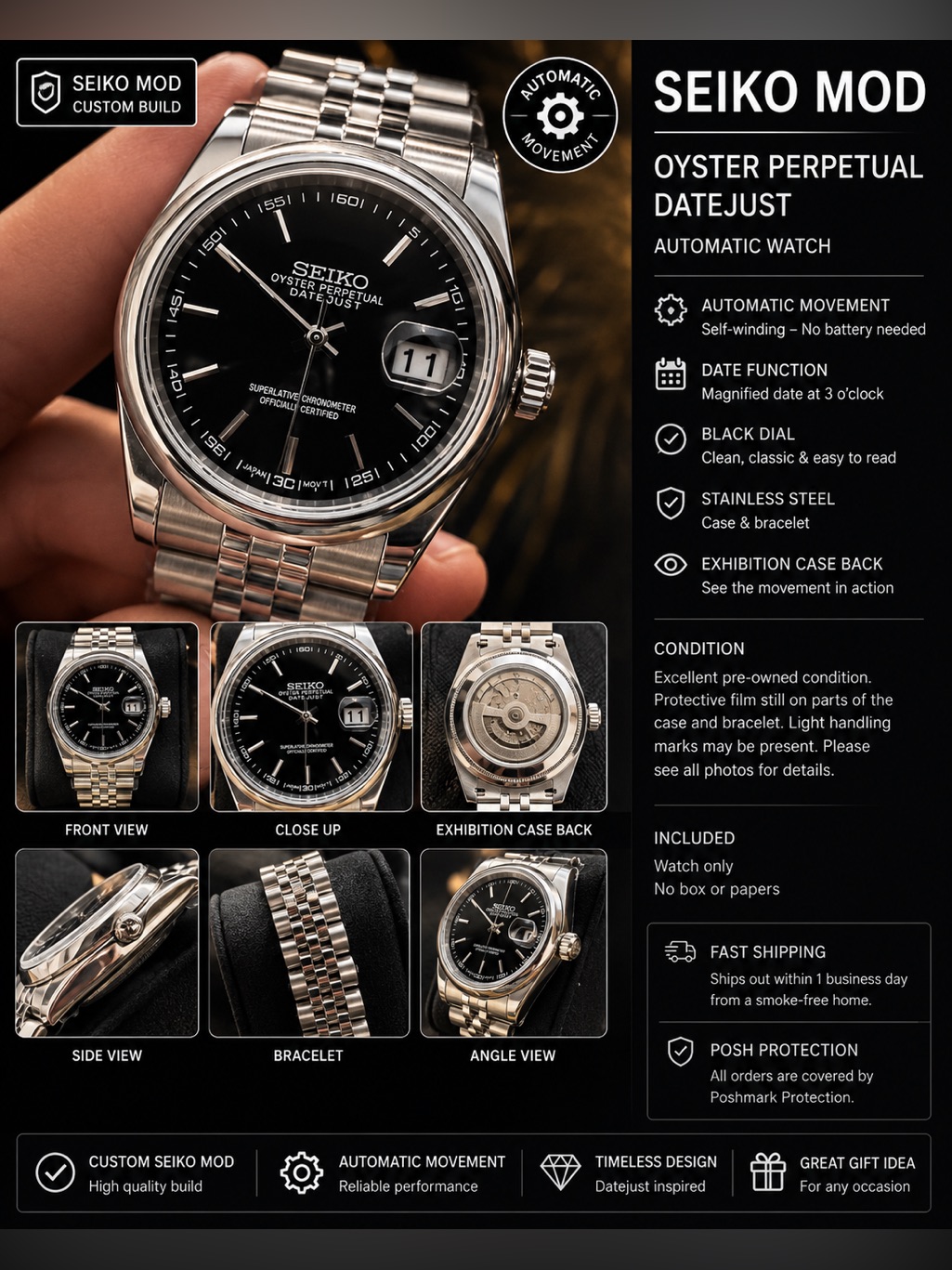 Seiko Mod Black Dial Stainless Steel Datejust Style Watch